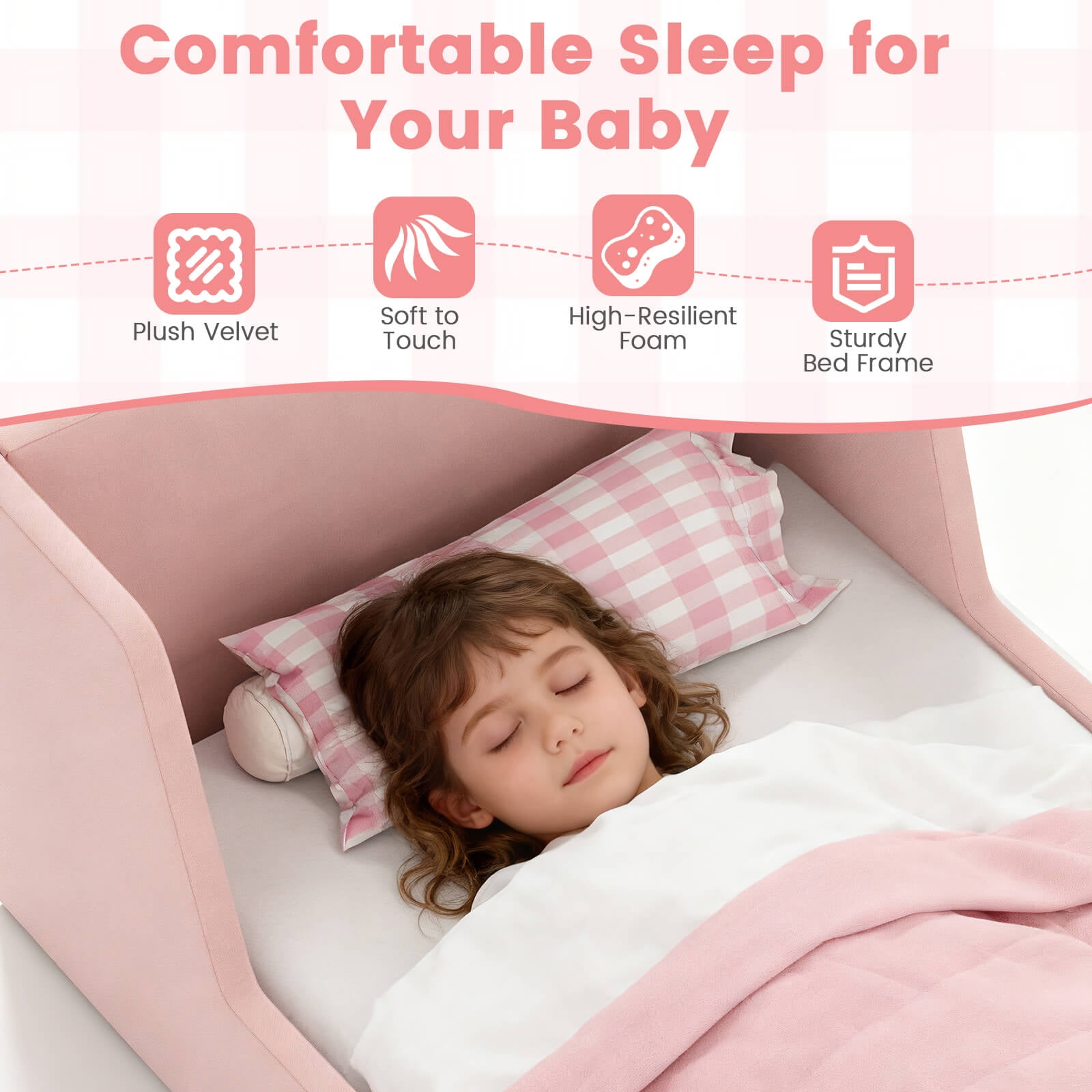 Costway Soft Velvet Fabric Upholstered Children Floor Bed with Safety Rails & Headboard Pink