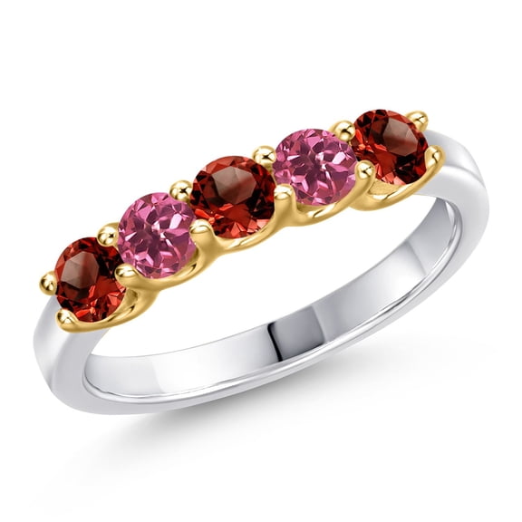 Gem Stone King 925 Silver and 10K Yellow Gold Red Garnet and Pink Tourmaline Wedding-Bands Ring for Women | 0.90 Cttw | Round 3.5MM | Gemstone January Birthstone | Size 6