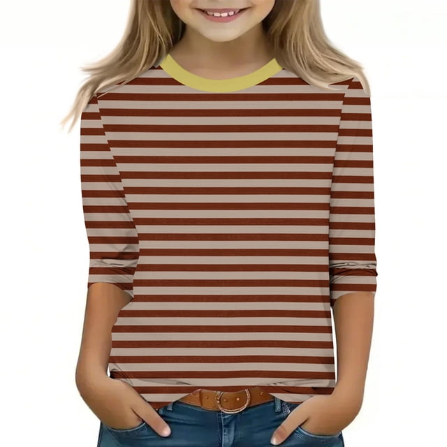 MKOSPLRT T-Shirts Rayés pour Fille Manches 3/4 Hauts Décontractés Col Rond T-Shirts à Blocs de Couleur Confortables pour Sortir Offres en Liquidation