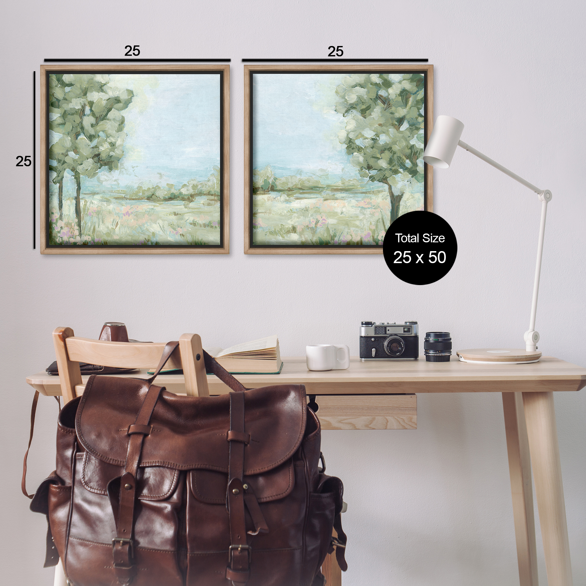 Stupell Industries Bright Spring Field Landscape Landscape & Nature Painting Brown Floater Framed Canvas Art Print Wall Art, 25 x 25, Set of 2