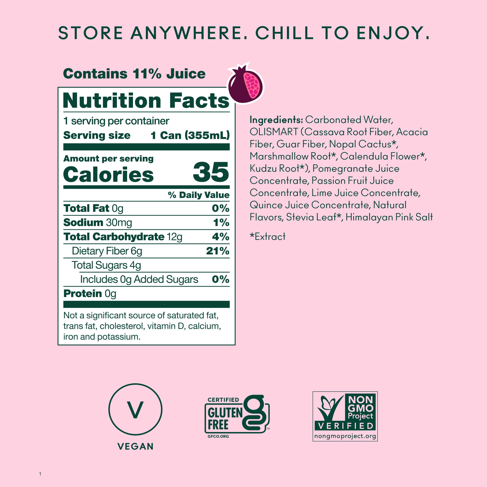 OLIPOP 6g Fiber Prebiotic Soda, Pomegranate Sparkle 12 fl oz, 12 Pack, Shelf Stable
