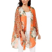 Cejon Womens Floral Print Sheer Cardigan Top Orange One Size