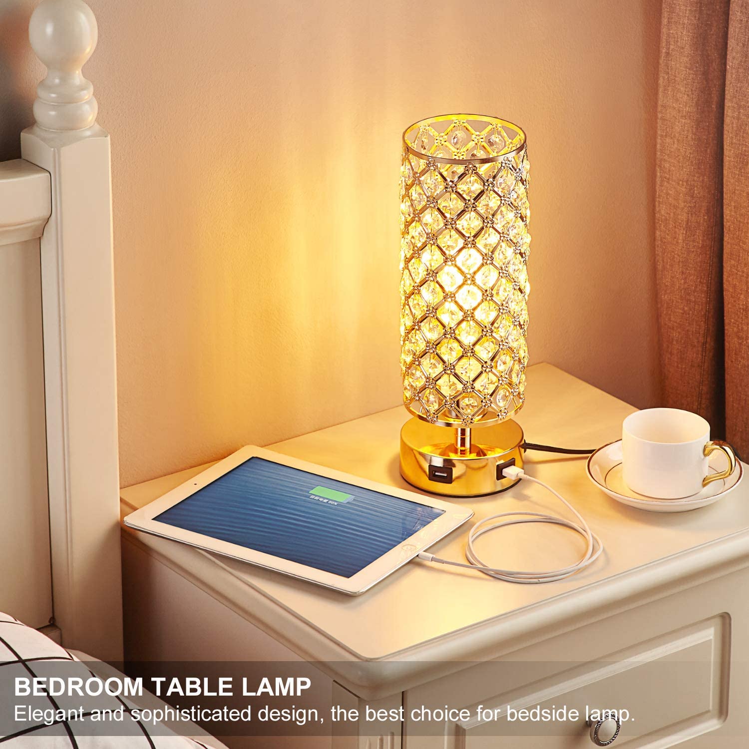Touch Control USB Crystal Small Lamp, Dimmable Nightstand Lamp with Dual USB Port, 3-Way Gold Crystal Lamp with Bulb, Bedside Desk Light for Bedroom Living Room Entryway Home Office(Bulb Included) - image 2 of 7