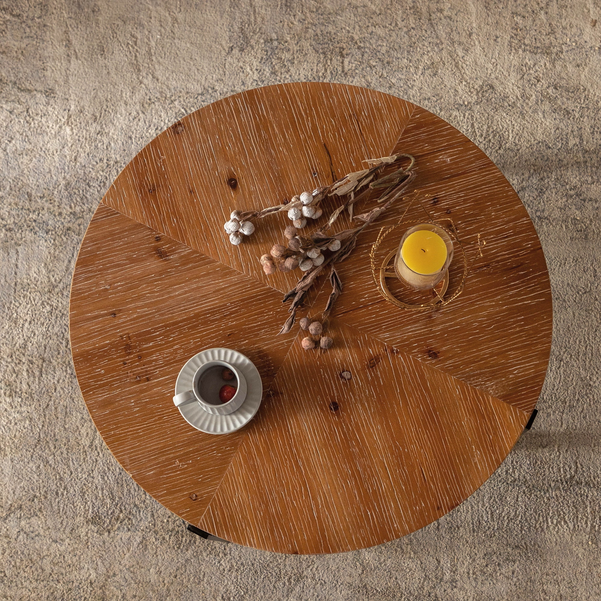 Shunda K Modern Round Wood Coffee Table with Metal Legs, Brown/Black