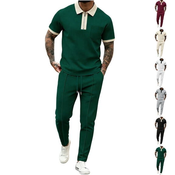 Men's Waffle Knit Polo Sweatsuit Sets Quarter Zip Fashion Casual Tracksuits Jogging Short Sleeve Polo Suit for Men 2 Piece Set with Pocket Green