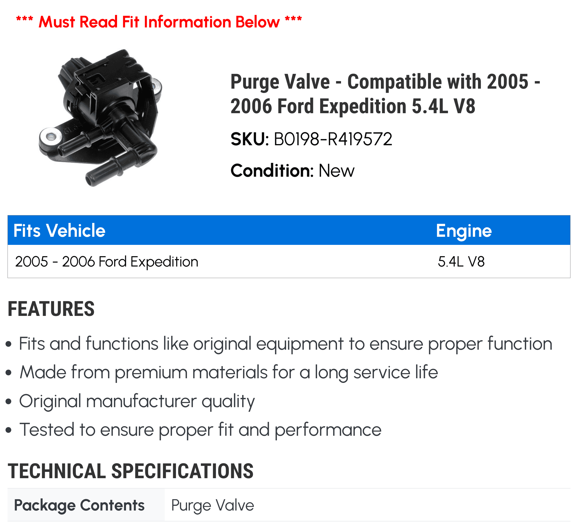 Purge Valve - Compatible with 2005 - 2006 Ford Expedition 5.4L V8