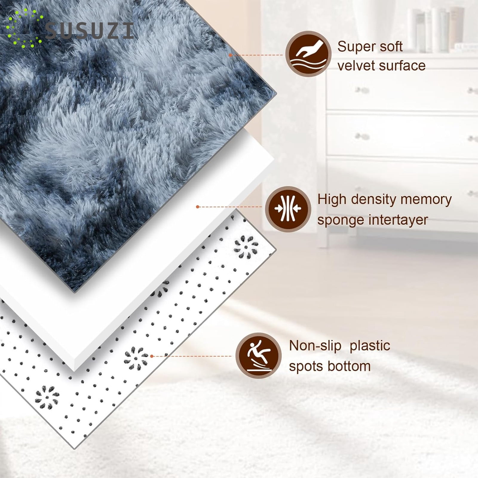 SUSUZI 5' x 7' Shaggy Area Rug, 2 Inch Thick Fluffy Plush Carpet with Non-Slip PVC Back,  Dark Gray Modern Soft Rug for Bedroom Living Room Kids Room