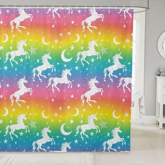 Rainbow Unicorn Shower Curtain With Stars And Moon Waterproof Fabric Bathroom Decor 71x71 Inches