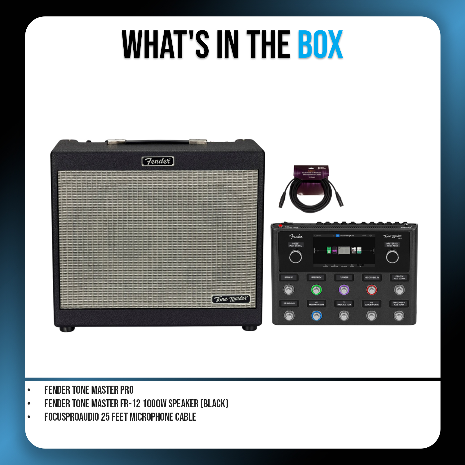 Fender Tone Master Pro with Over 500 User Presets Bundle with Fender Tone Master FR-12 1000W Speaker (Black) and 25 Feet Microphone Cable (3 Items)