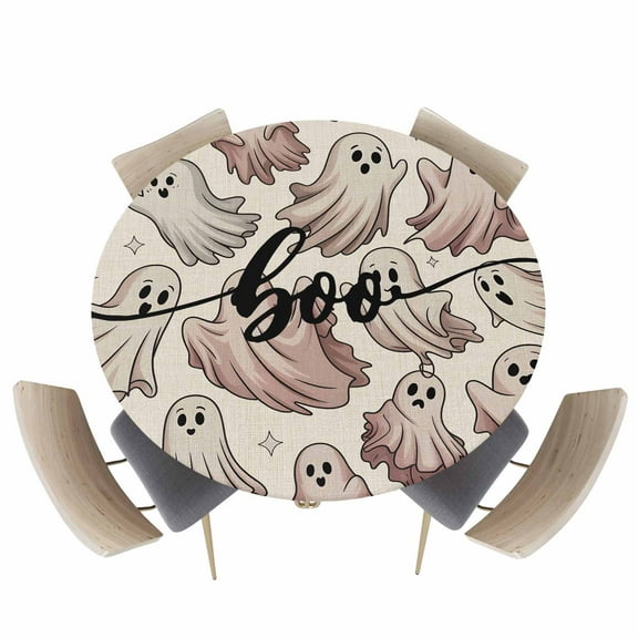 Round Fitted Tablecloths with Elastic Edge Halloween Horror Cute Ghost Oil-Proof Waterproof Wipeable Table Cover for Kitchen Dining Party Decor Vintage Table Clothes,36" - 44"