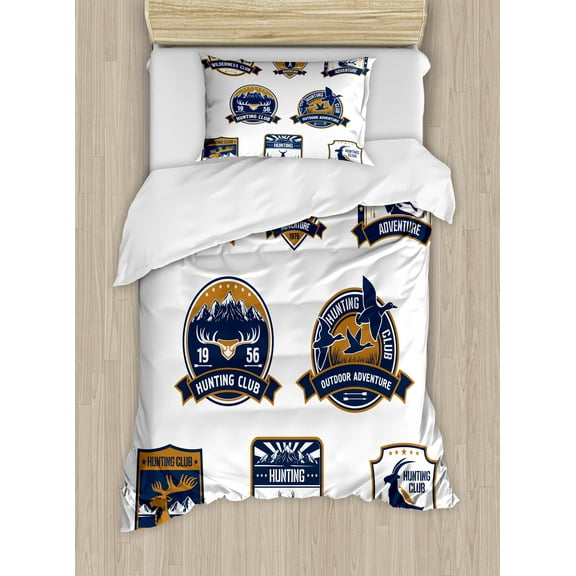 Hunting Duvet Cover Set, Shield Set Hunting Sports Club Emblems with Animals, Decorative 2 Piece Bedding Set with 1 Pillow Shams, Twin Size, Dark Blue White Brown, by Ambesonne