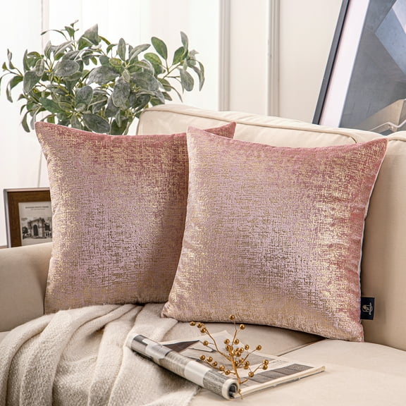 Phantoscope Bronzing Gold Foil Printed Cut Pile Velvet with Gilding Metallic Shiny Decorative Throw Pillow Covers, 18" x 18", Pink, 2 Pack