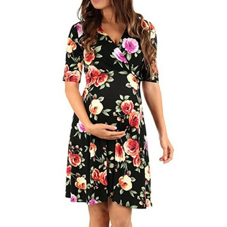 - Maternity Women Floral Wrap Belted V Neck Short Sleeve Mini Dress