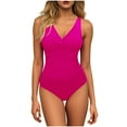 thumbnail image 3 of Antqov One Piece Swimsuit Women, Solid Color V Neck Padded Open Back Conservative Tummy Control Bathing Suit, Summer Vacation Cozy Casual Sports Swimwear, 3 of 9