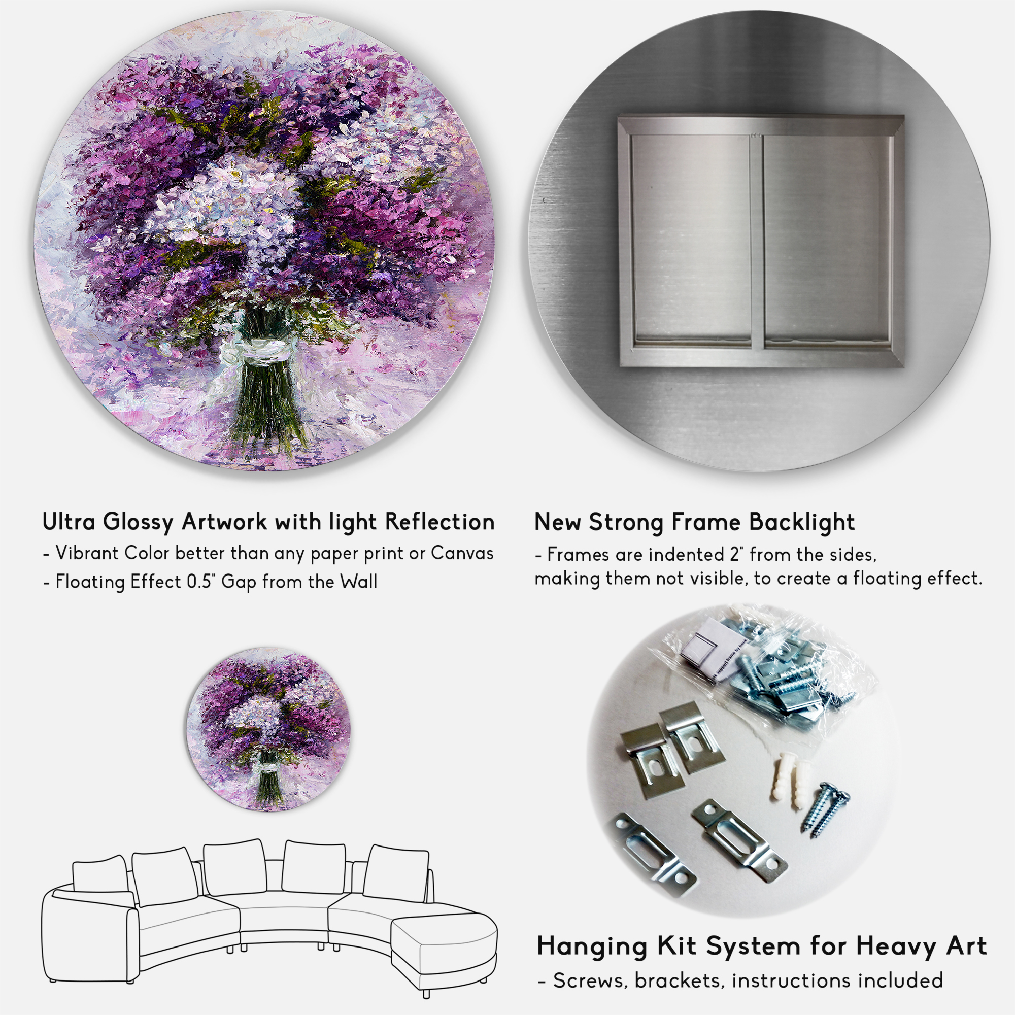 Designart 'Purple Hyacinth Flowers Bouquet' Traditional Circle Metal Wall Art 36x36 - Disc of 36
