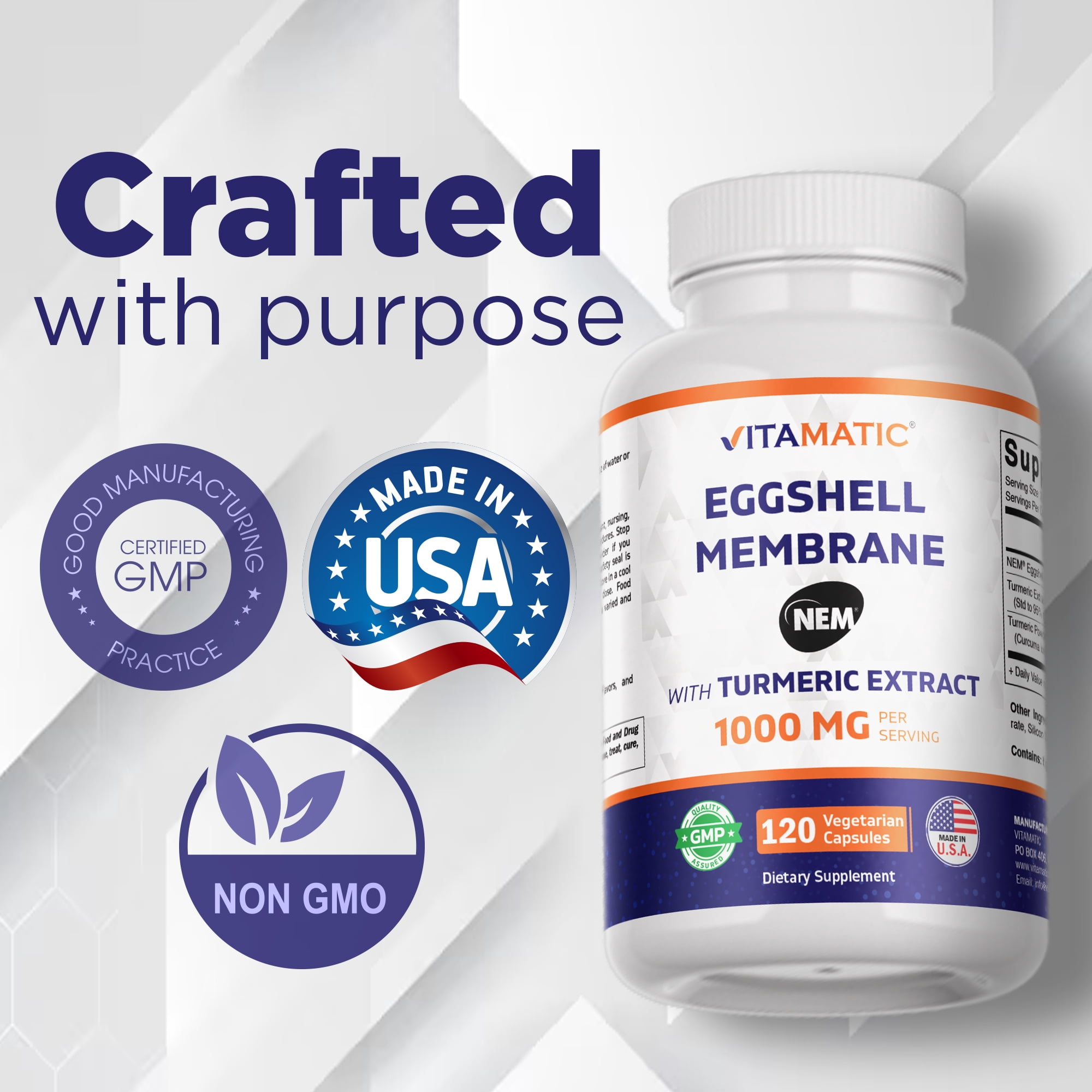 Vitamatic Eggshell Membrane (NEM) with Turmeric Extract | 1000 mg Per Serving | 120 Vegetarian Capsules | Non-GMO | Made in USA