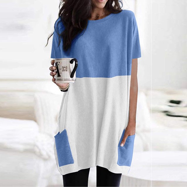 Stock Limité, Robe Tunique Longue Légère et Décontractée à Manches Courtes pour Femmes avec Poches pour le Confort Quotidien et Style Décontracté Collection d'Été/polyester, Bleu, Sopatenor