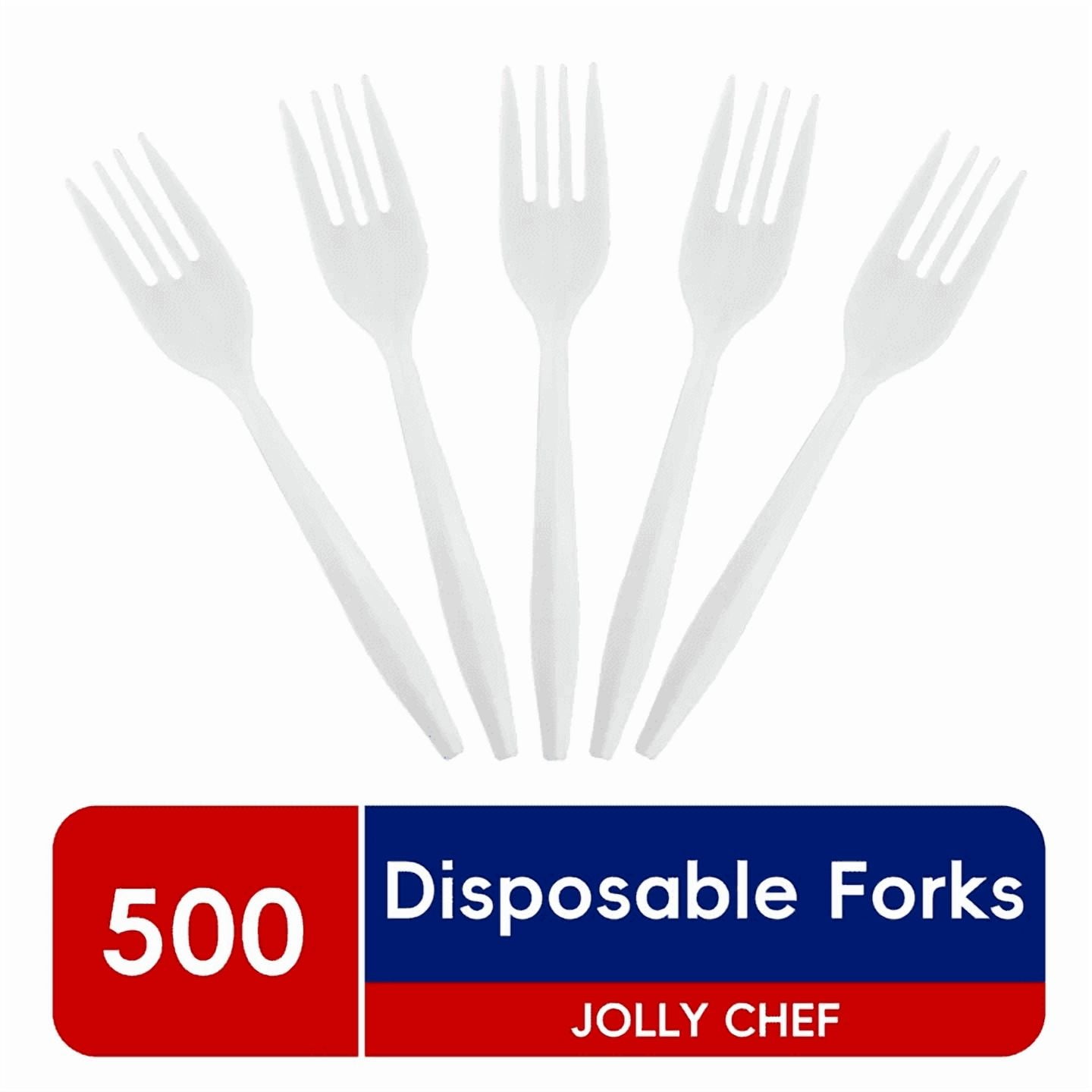 JOLLY CHEF 500 Count White Plastic Forks, Disposable Forks Bulk, Heat Resistant Plastic Silverware for Take out Restaurants, Family Gatherings, Outdoor Activities