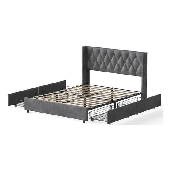 Better Home Products Amelia 4-Drawer Velvet King Size Platform Bed in Gray