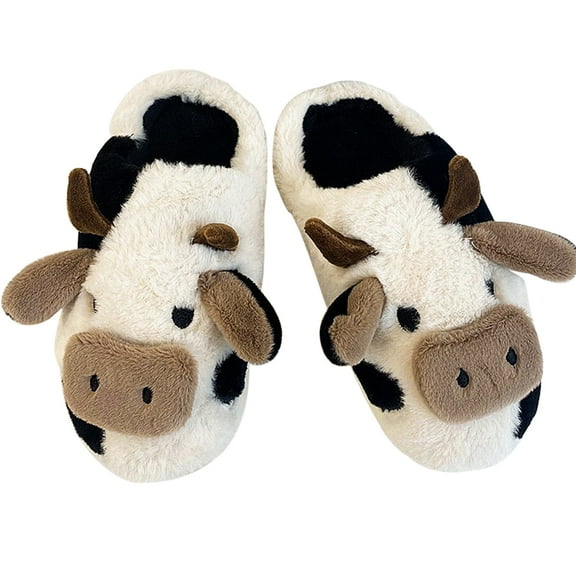 SEARCHI Cow Slippers Fluffy Women's Cow Slippers Plush Kawaii Animal Slippers Cute Cartoon Home Slippers Winter Warm Cuddly Shoes Indoor Girls Men