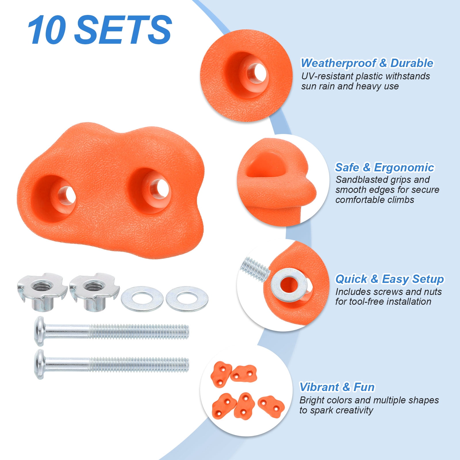 Rock Climbing Holds, 10 Pcs Small Climbing Rock Wall Grips with Double Hole for Playground Accessory, Orange Red-D