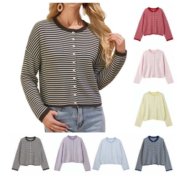 DailyTrove Women Striped Knit Cardigan Long Sleeve Button Front Crew Neck Casual Cropped Knit Outerwear