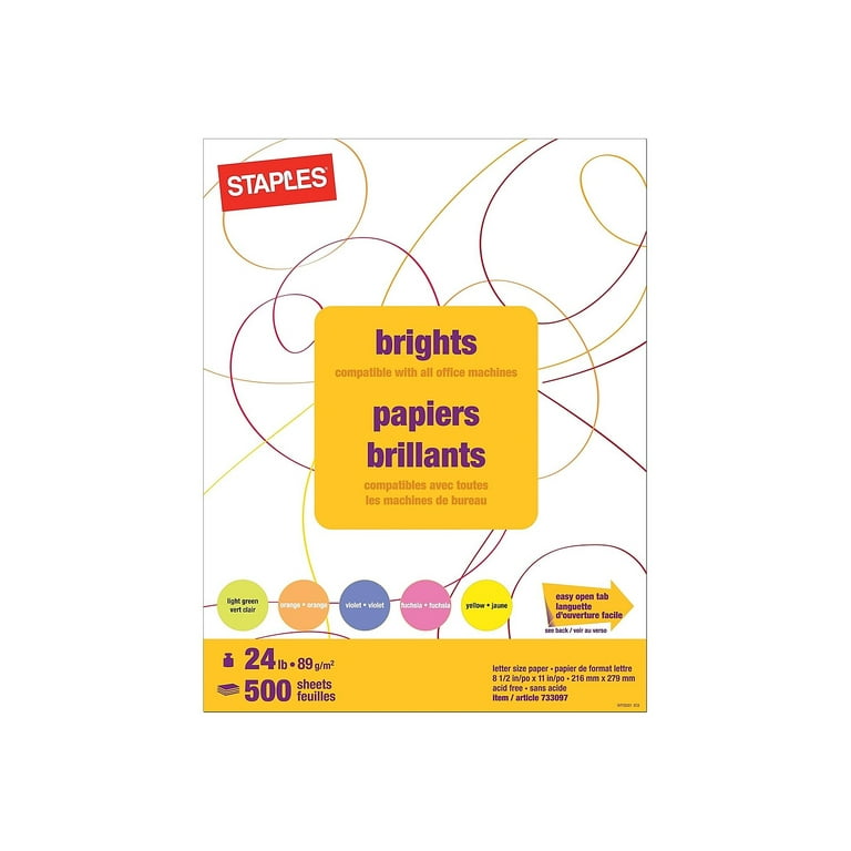 Staples Brights Multipurpose Colored Paper, 8.5 x 11, 24 lb, Assorted  Neon Colors, 500 Sheets/Ream (20201)
