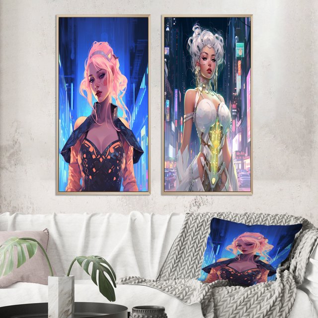 Designart "Glorious Cyberpunk Divinity in Urban Tokyo V" Cyberpunk Woman Framed Wall Art Set Of 2 - Glam Blue Frame Gallery Set For Office Decor