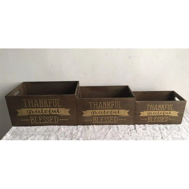 Set Of 3 Dark Brown With Handles 'Thankful Grateful Blessed' Crates