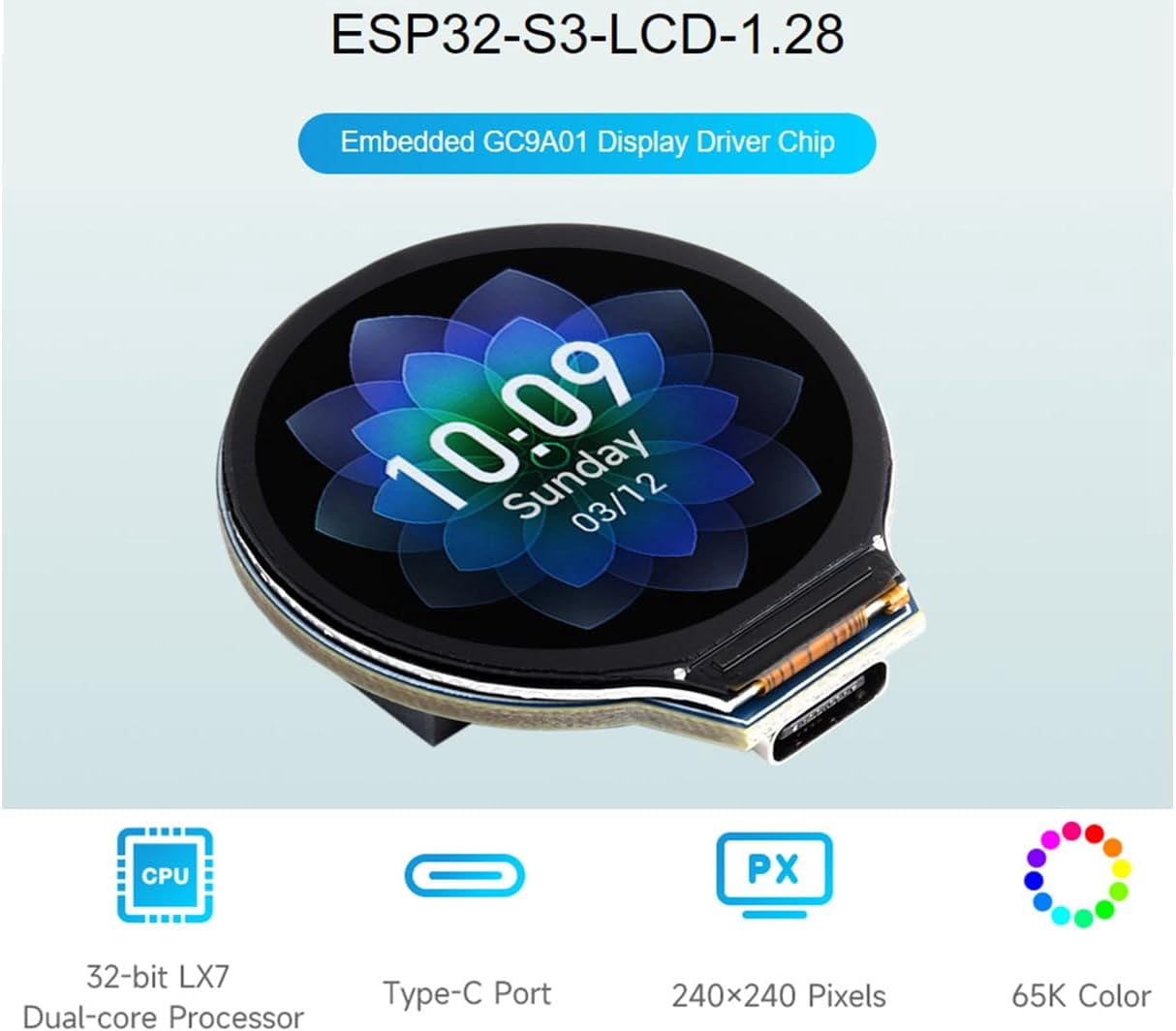 ESP32-S3 Development Board with 1.28inch Round LCD IPS 240×240 Resolution,32-bit LX7 Dual-Core Processor, GC9A01 Display Driver Chip,Supports 2.4GHz W-i-F-i (802.11 b/g/n) and Blue-Tooth 5