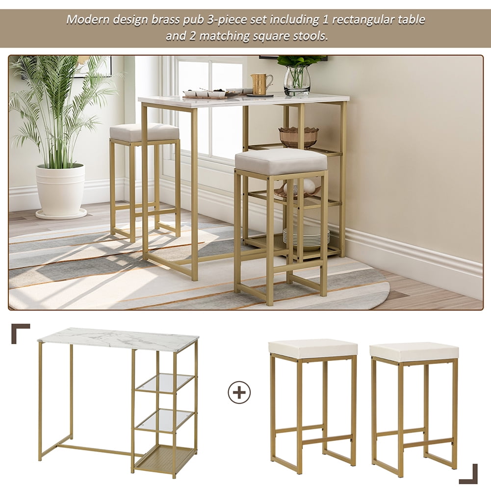 Lowestbest 3 Piece Modern Pub Set with Faux Marble Countertop and Bar Stools, White&Gold Lowestbest 3 Piece Modern Pub Set with Faux Marble Countertop and Bar Stools, White&Gold