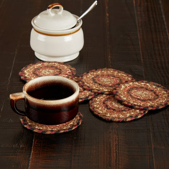 VHC Brands Ginger Spice Coasters, Orange Red Natural, Jute Blend, Round Circle, Set of 6 Coasters