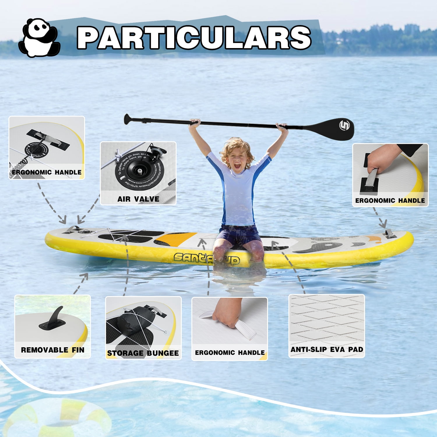 Santasup Kids Stand Up Paddle Board, 8ft Black Panda with Paddle Board Accessories for Kids, Inflatable Paddleboard Durable, Stable Design, Wide Non-Slip Deck, Hand Pump for Youth & Kids