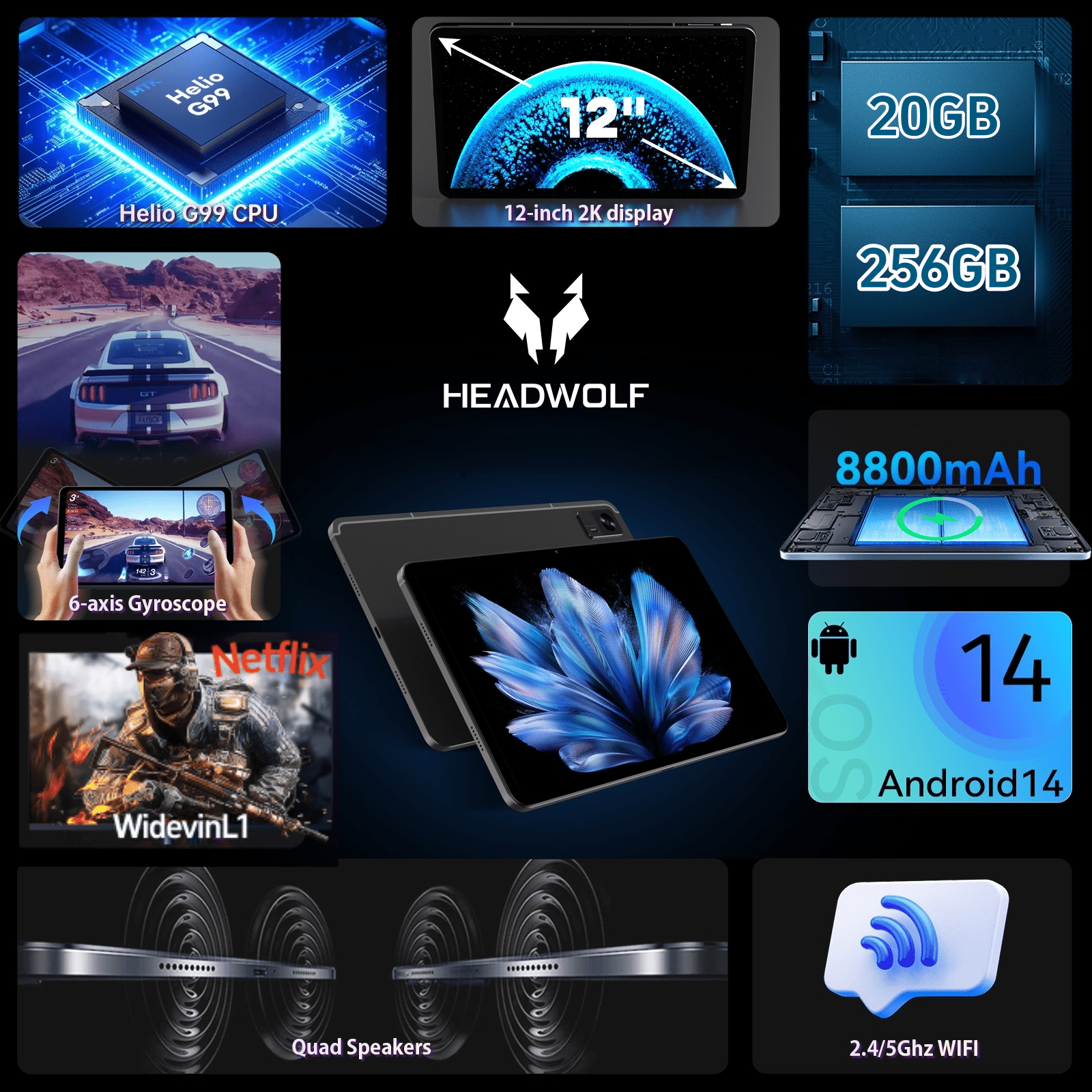 Headwolf HPad6 Android 14 Tablet, 12 inch Touchscreen, 20GB RAM