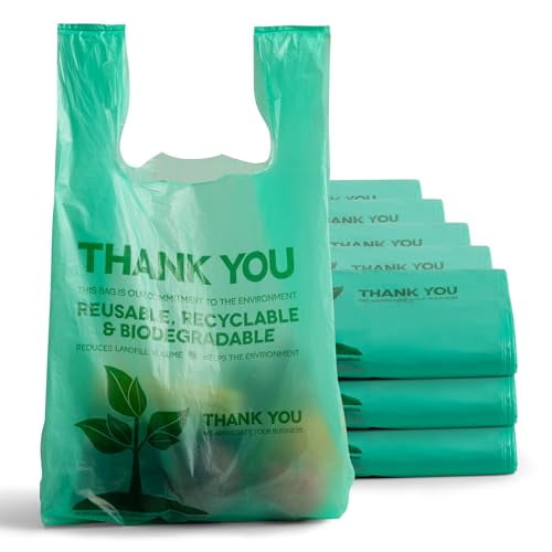 FMP Brands 1000 Count Eco Biodegradable Plastic Grocery Bags with Handles, Reusable Plastic Shopping Bags Bulk for Small Business, Restaurant, Groceries, Supermarket