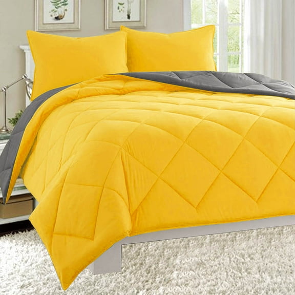 Empire Home Fashion Dayton Queen Size 3-Piece Reversible Comforter Set Soft Brushed Microfiber Quilted Bed Cover Gray & Yellow, Polyester