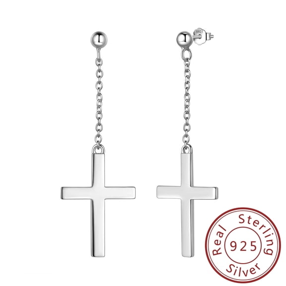 Long Drop Cross Earrings 925 Sterling Silver Hanging Dangle Earrings Women Men Christian Jewelry Easter Gifts