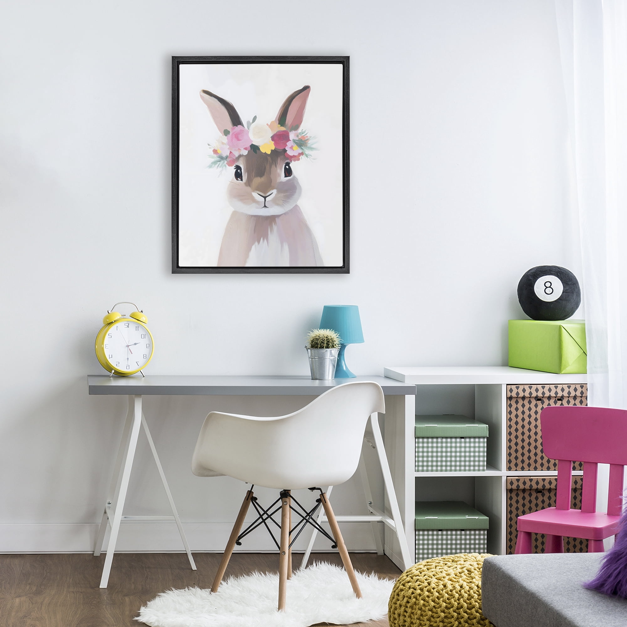 Stupell Industries Flower Crown Rabbit Black Framed Floater Canvas Wall Art, design by The Prints Vibe