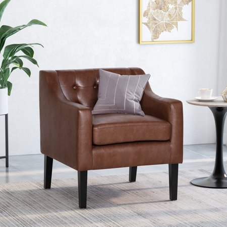 Contemporary PU Leather Club Chair | Sloped Arms & Button Tufted Waffle Stitch | Tapered Rubberwood Legs | 30 inch High | Dark Brown