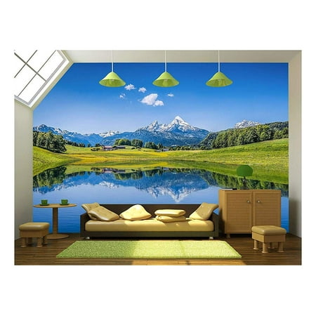 wall26 - Panoramic view of idyllic summer landscape in the Alps with clear mountain lake - Removable Wall Mural | Self-adhesive Large Wallpaper - 100x144 (Best Way To Clean Wallpaper)