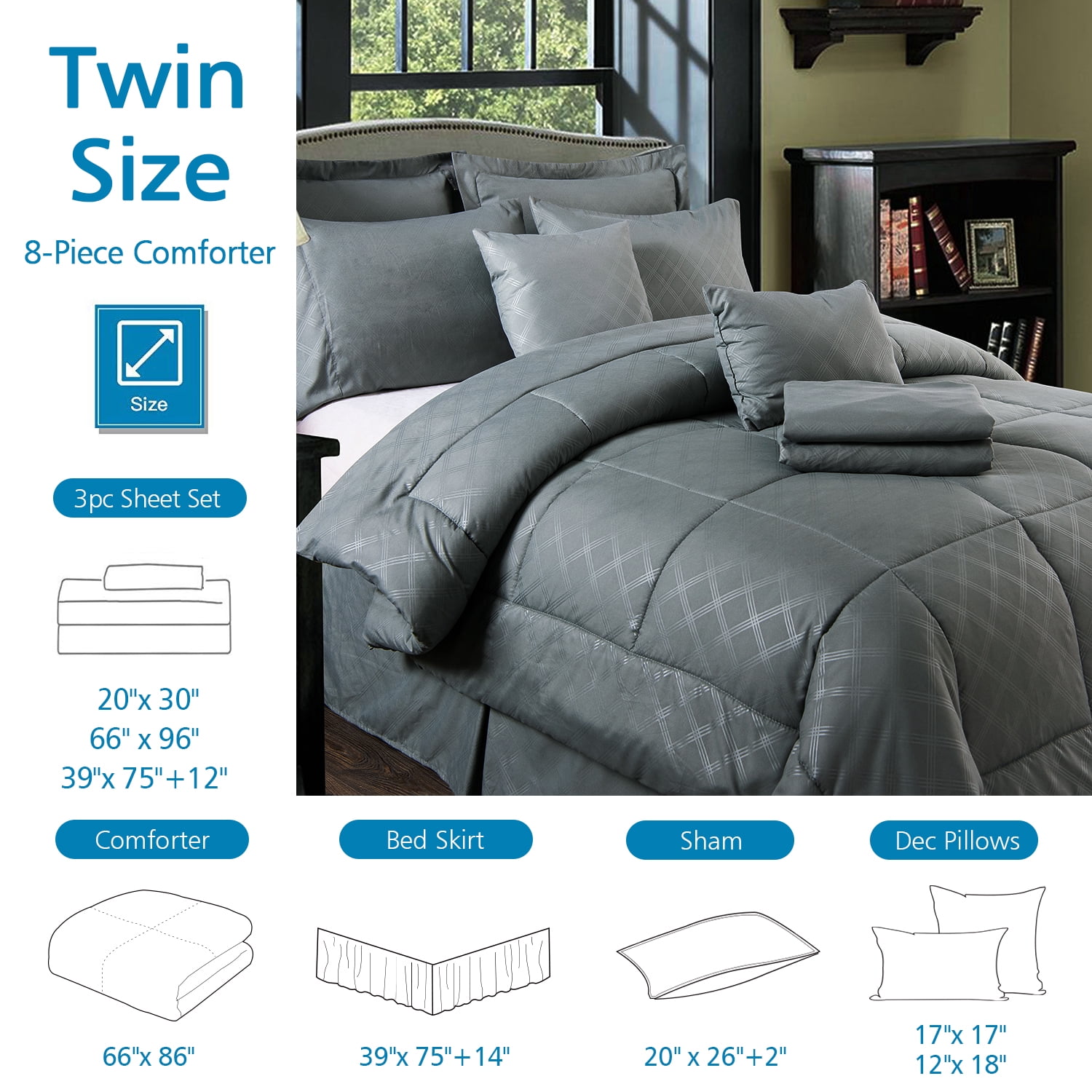 8 Pieces Bed in a Bag Bedding Comforter Set,Quilted Diamond Pattern, Twin,Grey