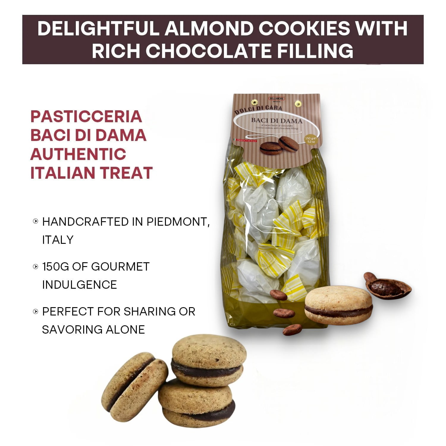 Italian Amaretti Cookies, Cocoa Cookies Filled with Rich Chocolate Cream, 300g (2 x 150g bags), Made in Italy - Baci Di Dama