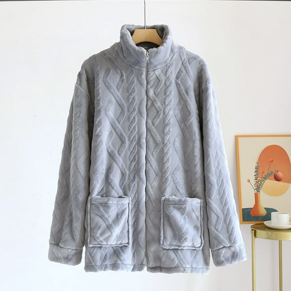 Dxzfnsa Mens Plush Zipper Pajama Tops Soft Warm Stand Collar Long Sleeve Sleepwear with Pockets Fluffy Fuzzy Solid Color Pajama Jackets