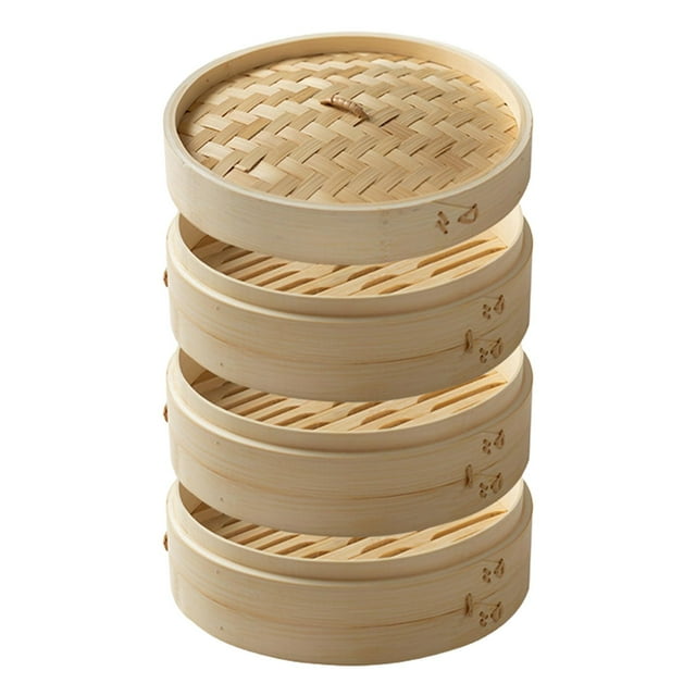 Cesta de de bambú para dumplings, vaporera para cocinar verduras redondas, vaporizador de alimentos para Sum, arroz, Picnic, pescado Baozi Diámetro 254 cm 3 niveles