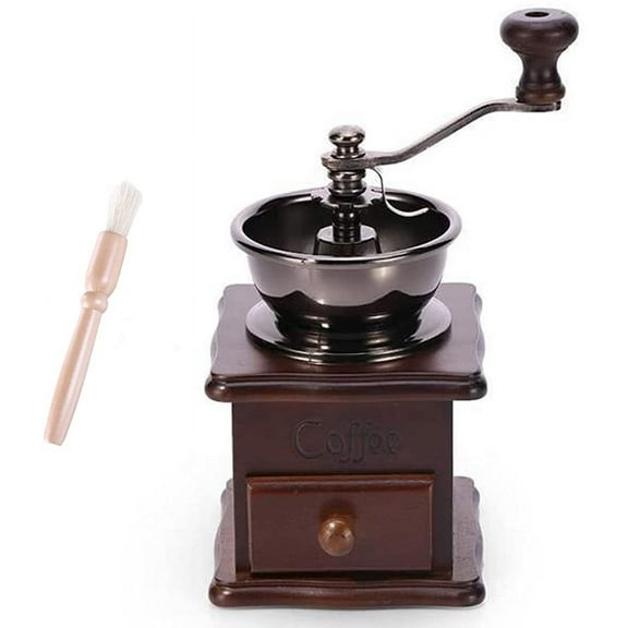 Wooden Manual Coffee Grinder Vintage Style Hand Coffee Mill Burr Coffee Grinder with Ceramic Hand Crank,Wooden Manual Coffee Grinder Cleaning Brush, Brown, 19 x 8.5 x 16 cm