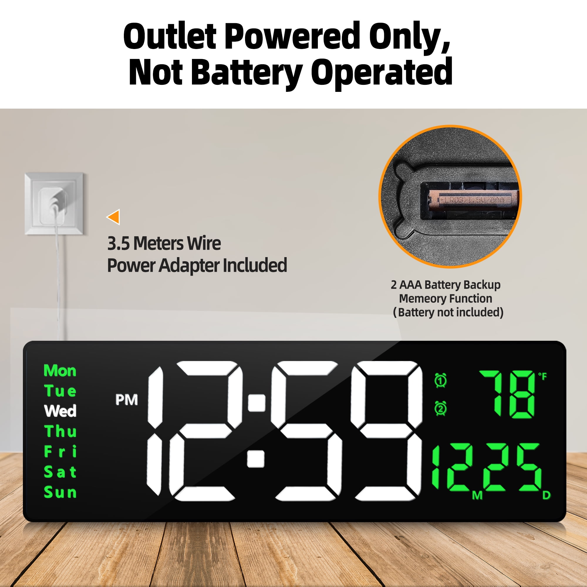 16-inch Large Display Wall Clock with Remote Control, 2 Alarms, Automatic DST, Temperature, Memory Battery for Living Room, Bedroom, Gift for Christmas,Mother's Day, Father's Day