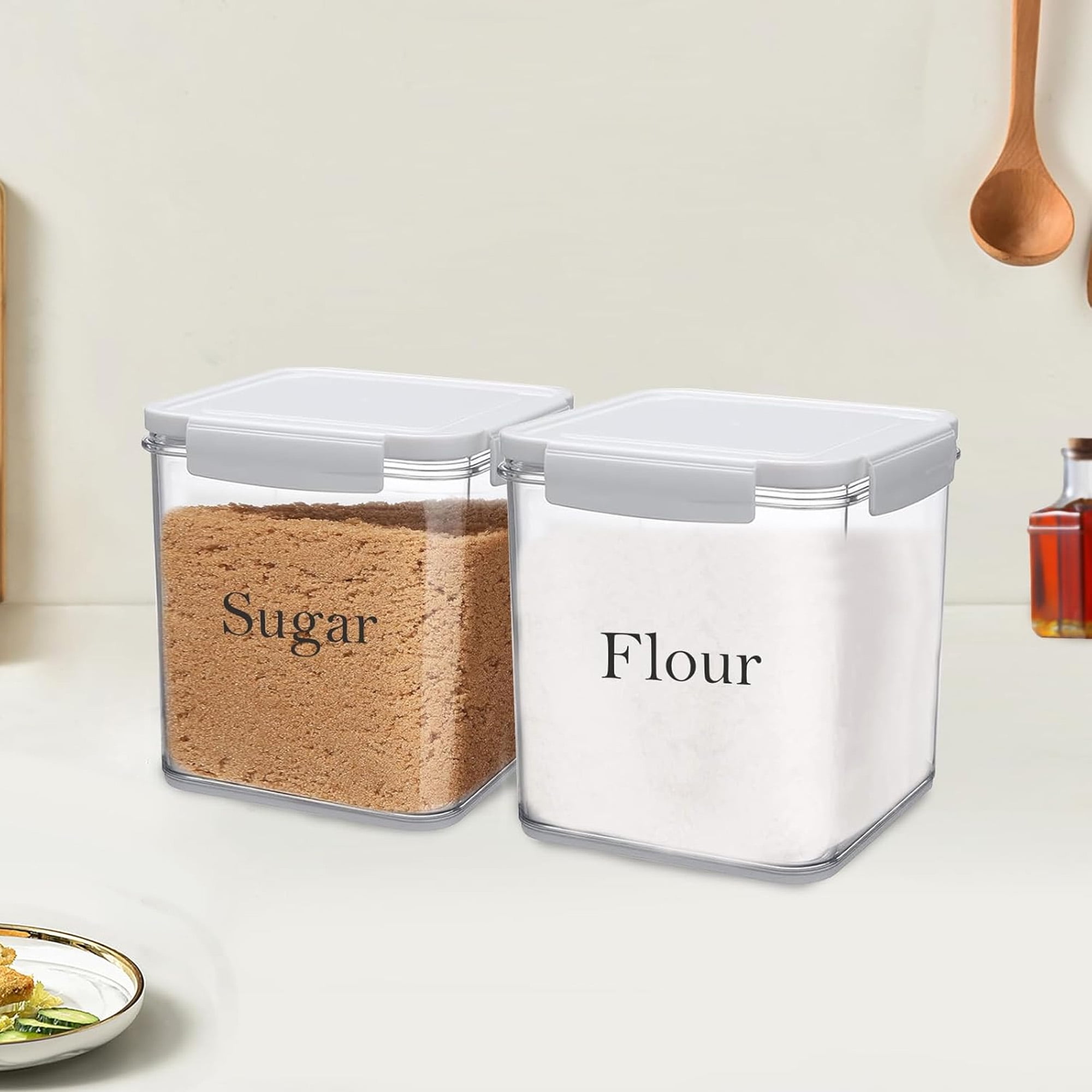 Pethiy Food Storage Jars, Airtight Containers (2-Pack, 4L) - White Kitchen Canisters with Lids + Free Spoon, Perfect for Flour, Sugar, Coffee & Pantry Organization