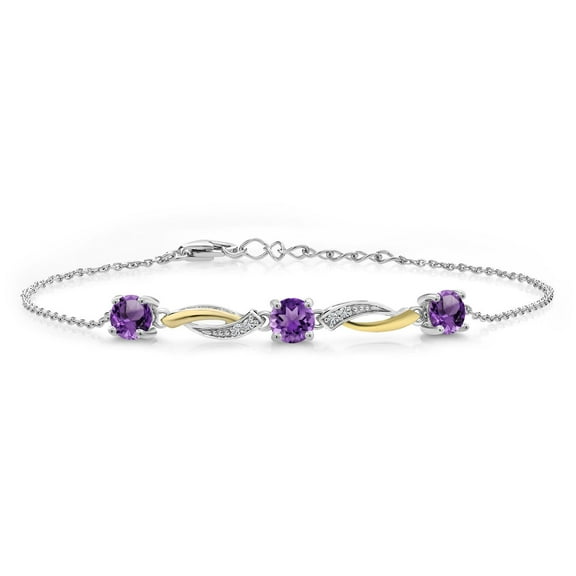Gem Stone King 1.47 Ct Purple Amethyst E-F Lab Grown Diamond 925 Silver and 10K Yellow Gold 7 inch Tennis Bracelet for Women with 1 inch Extender