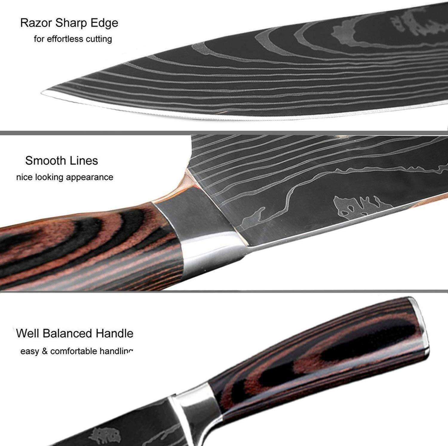 DFITO 8Pcs Kitchen Knife Set Damascus Pattern Stainless Steel Pro Chef Knives for Gift