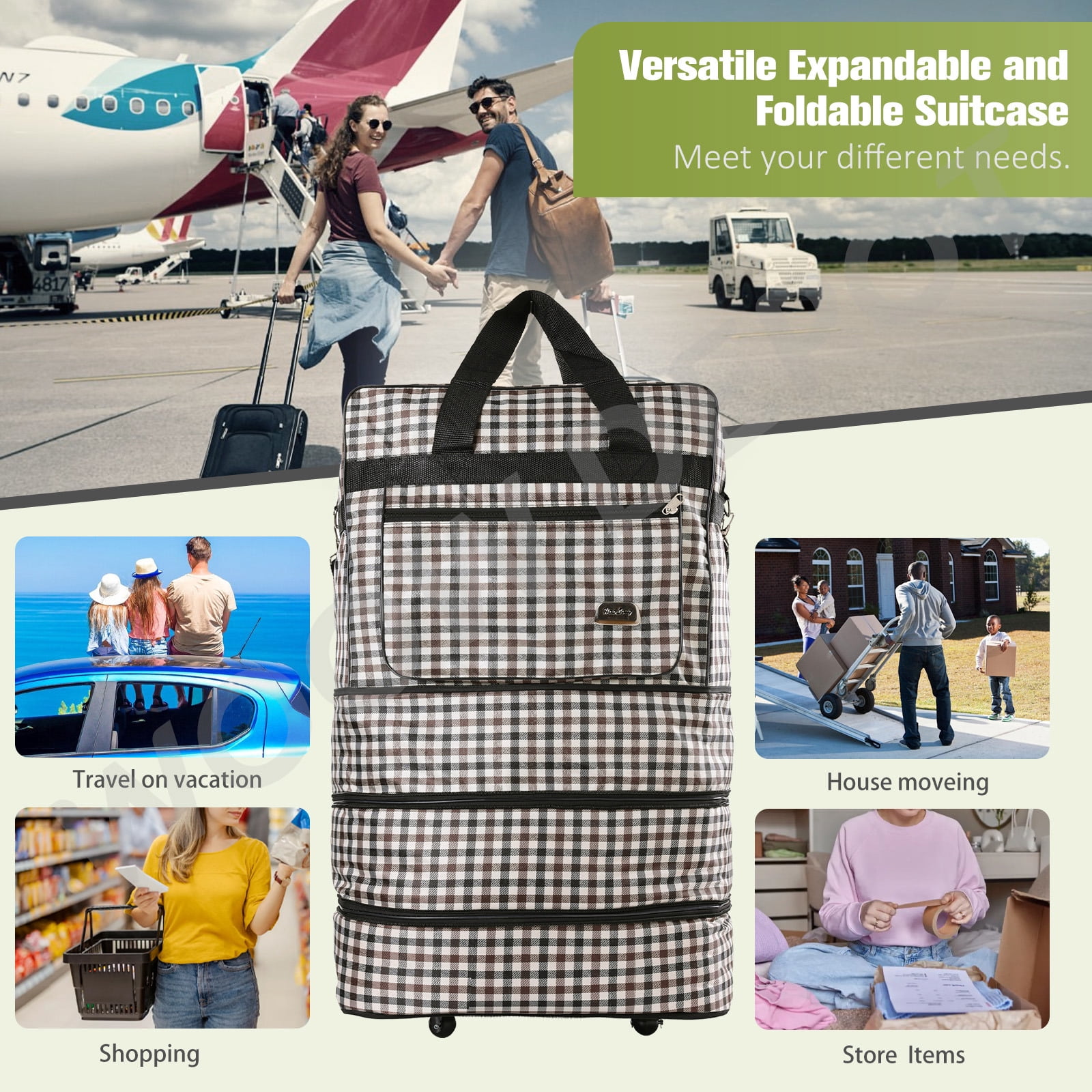WOOW DEPOT 30in Expandable Suitcase Bag 3 Layer Foldable Rolling Wheeled Luggage Handbag Large for Home Storage Travel Business Moving